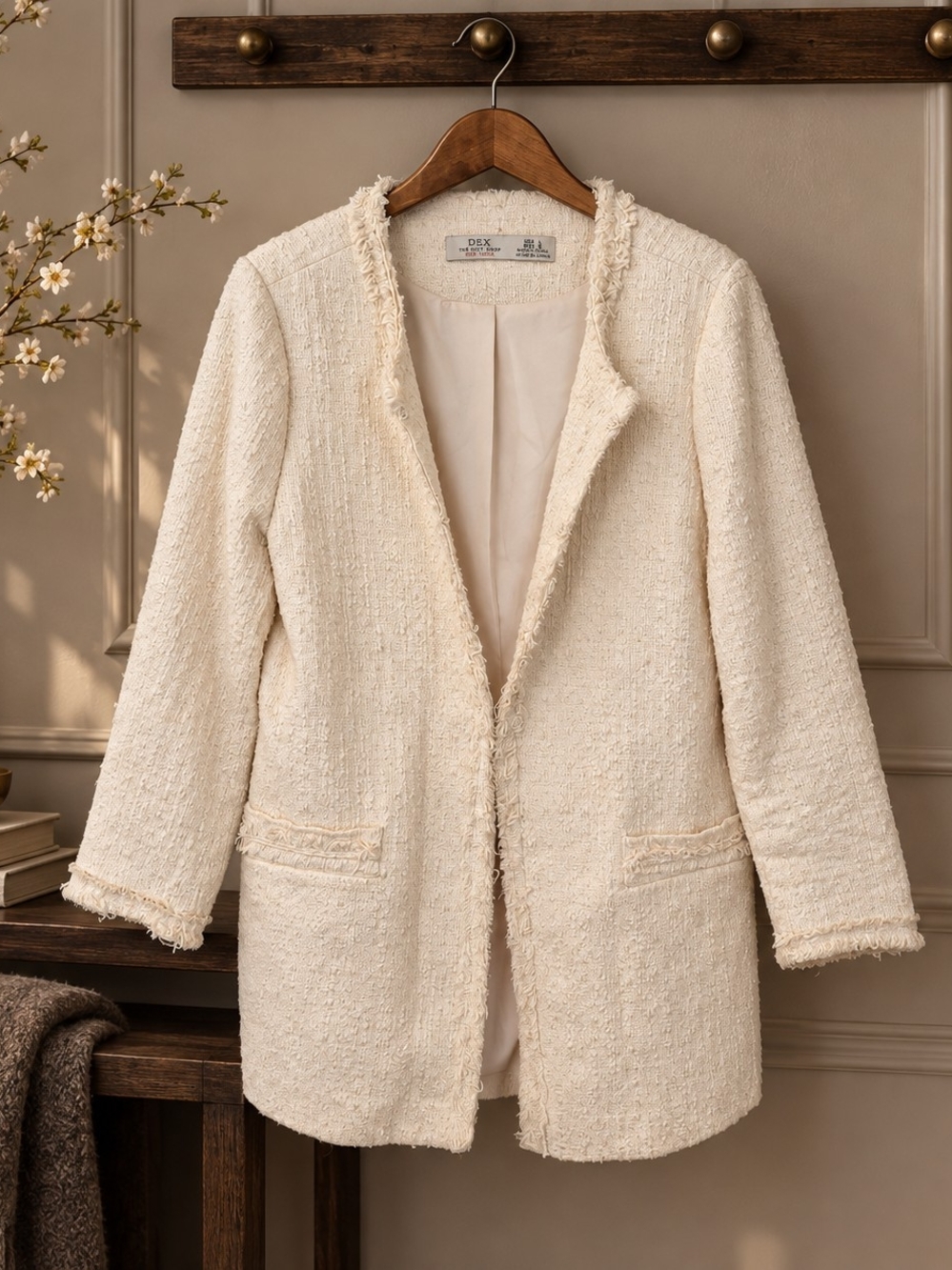 DEX Winter White Cotton Tweed Raw Edge Longline Blazer L